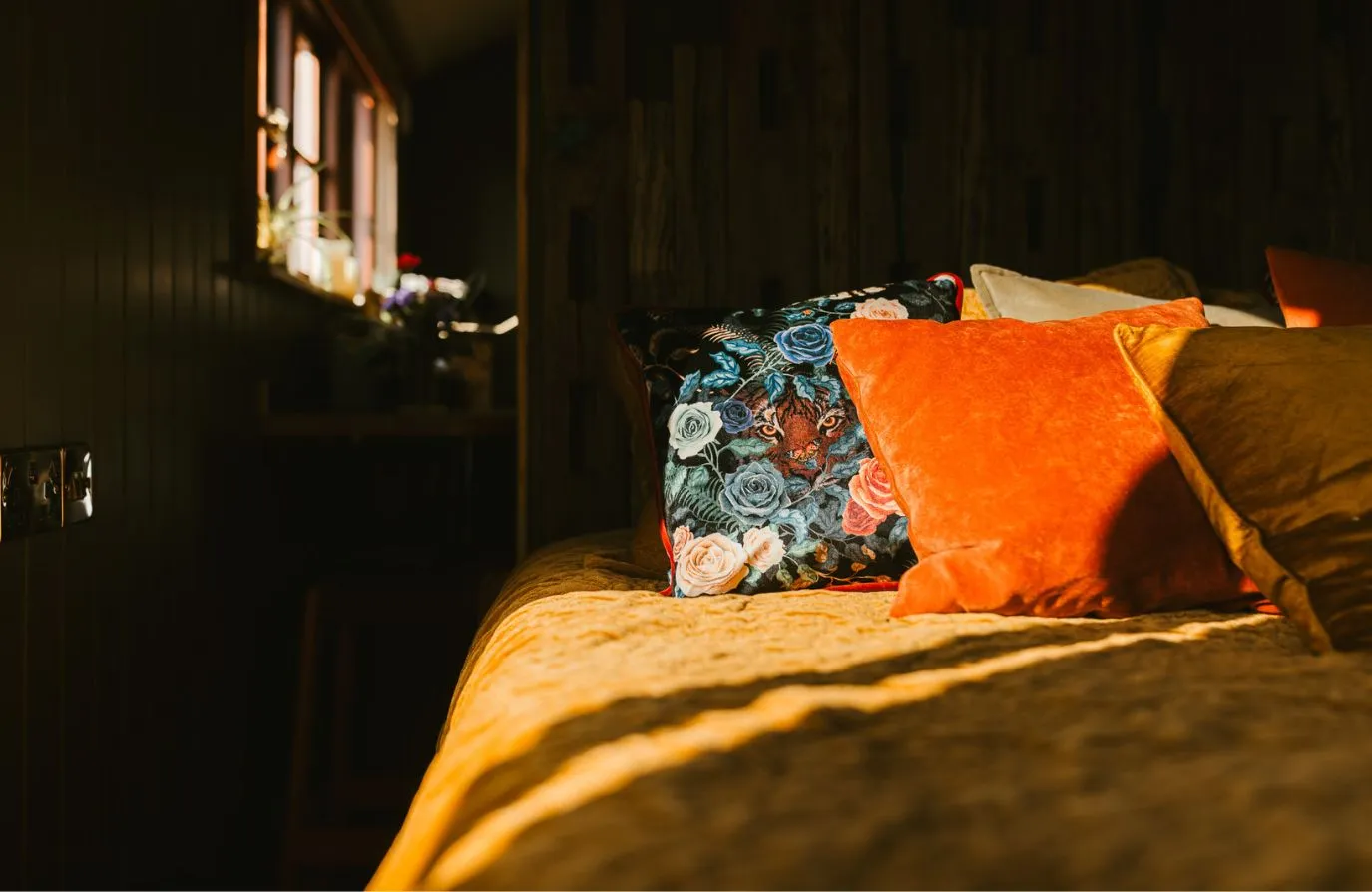Luxury bedding inside the shepherds hut