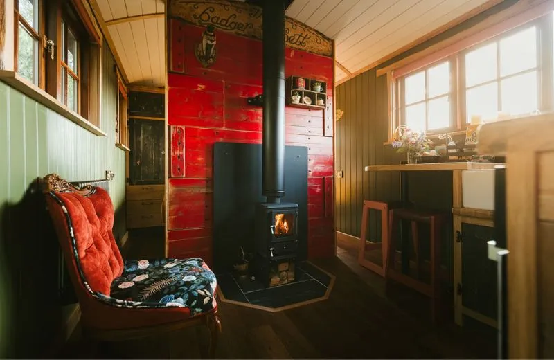 Lounge area inside the Sycamore and Stars "Badger Sett" shepherds hut located