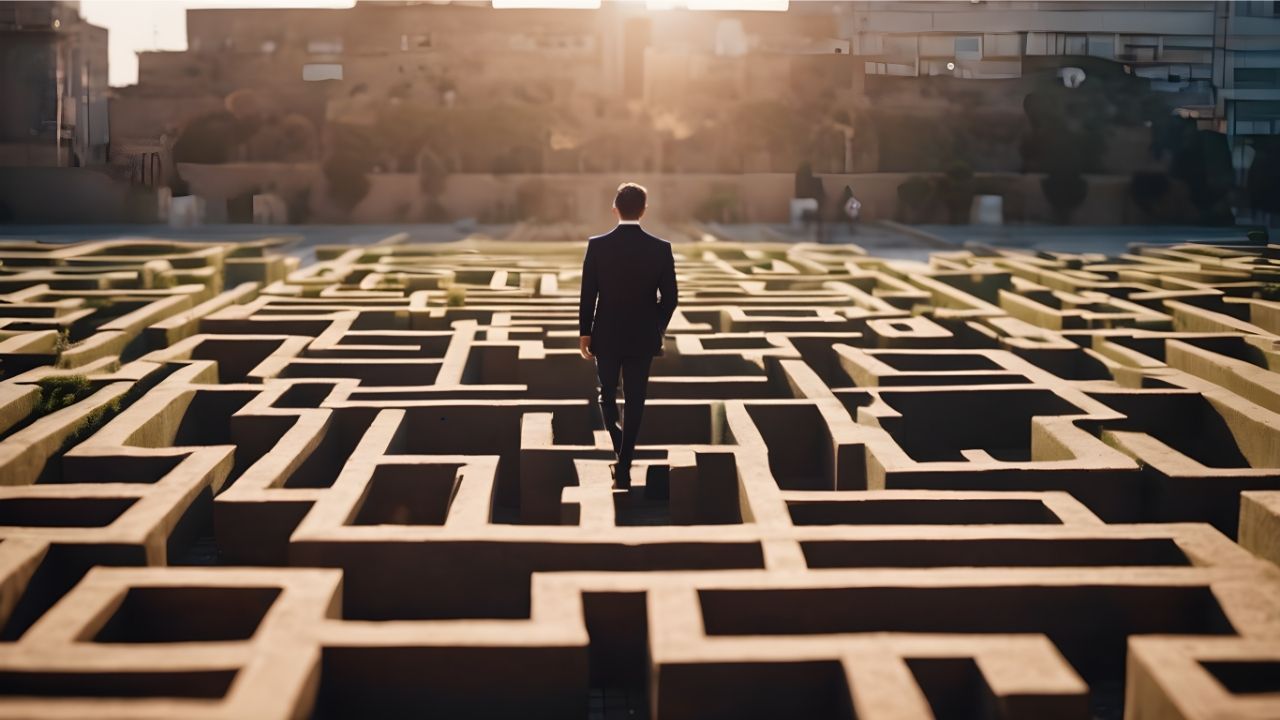 Mann im Labyrinth und kurz davor eine Entscheidung zu treffen