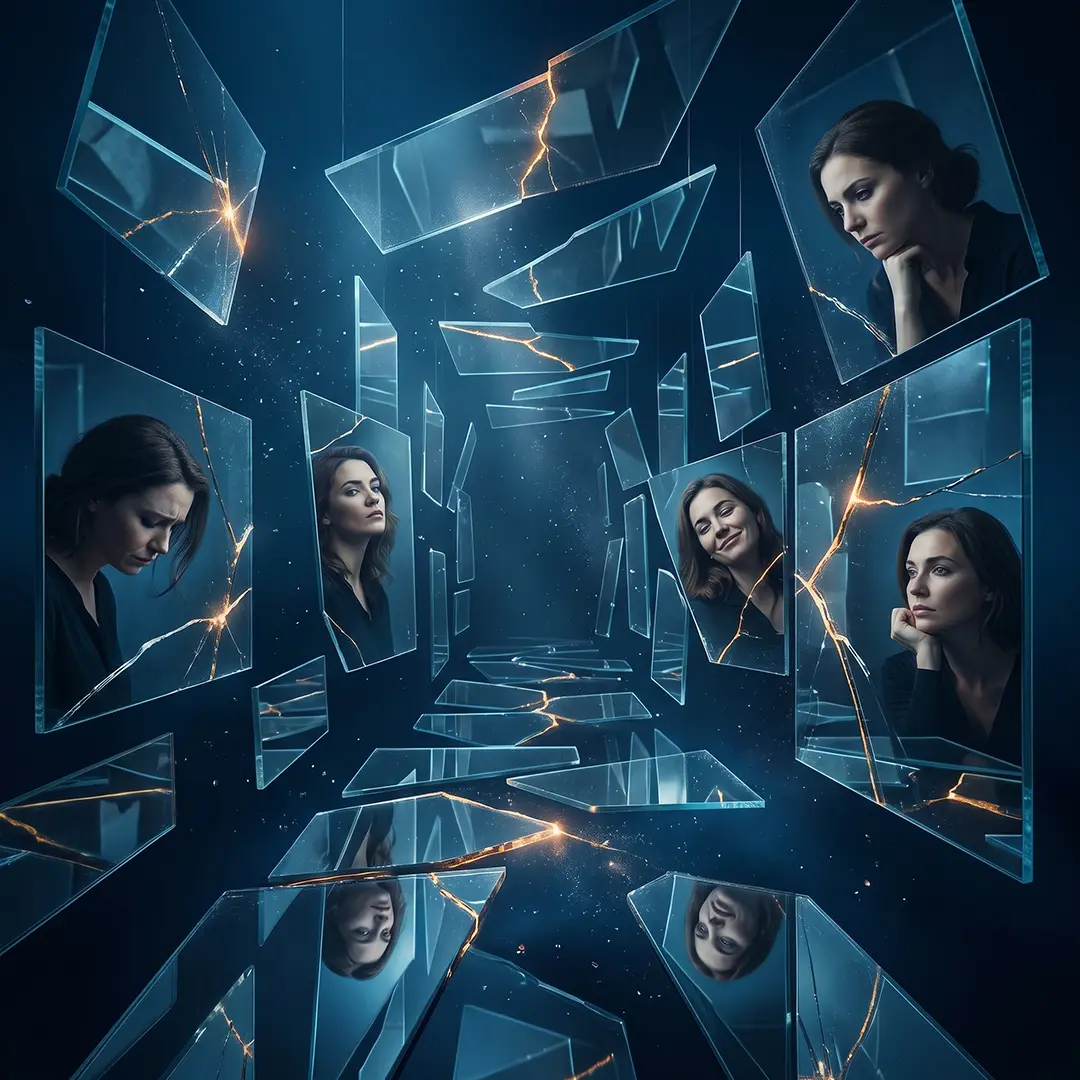 Shattered mirrors with various women's portraits and luminous cracks in a dark space