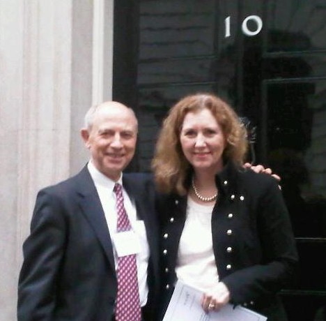 George Hosking and Mary Gordon - Mary Gordon is the creator of the Canadian prevention programme Roots of Empathy which WAVE brought to the UK, benefitting thousands of UK children. This photo shows us both on the steps of 10 Downing Street following a WAVE event there (10 Downing Street is the home and office of the UK Prime Minister)
