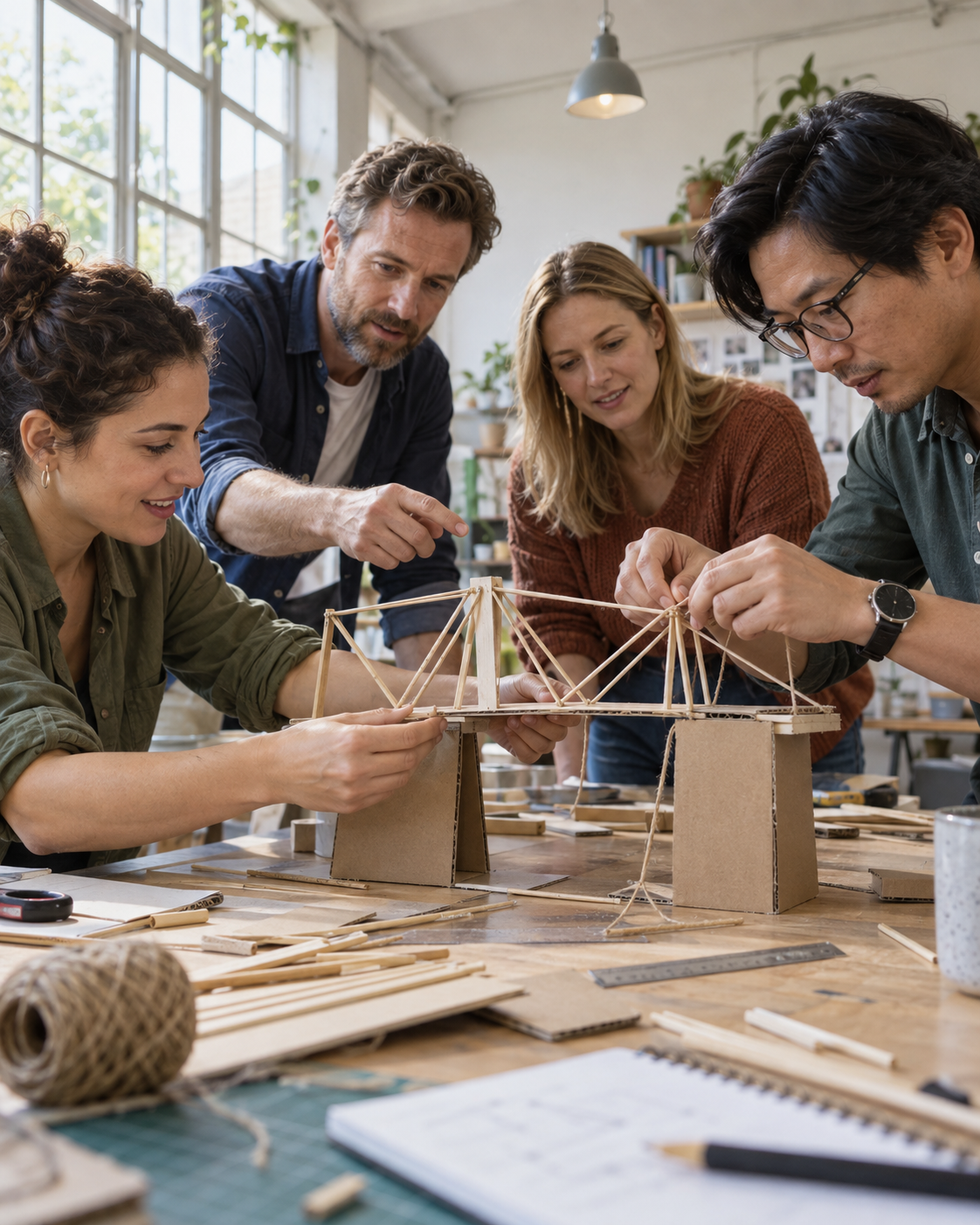 Equipo construye en colaboración un pequeño puente de madera