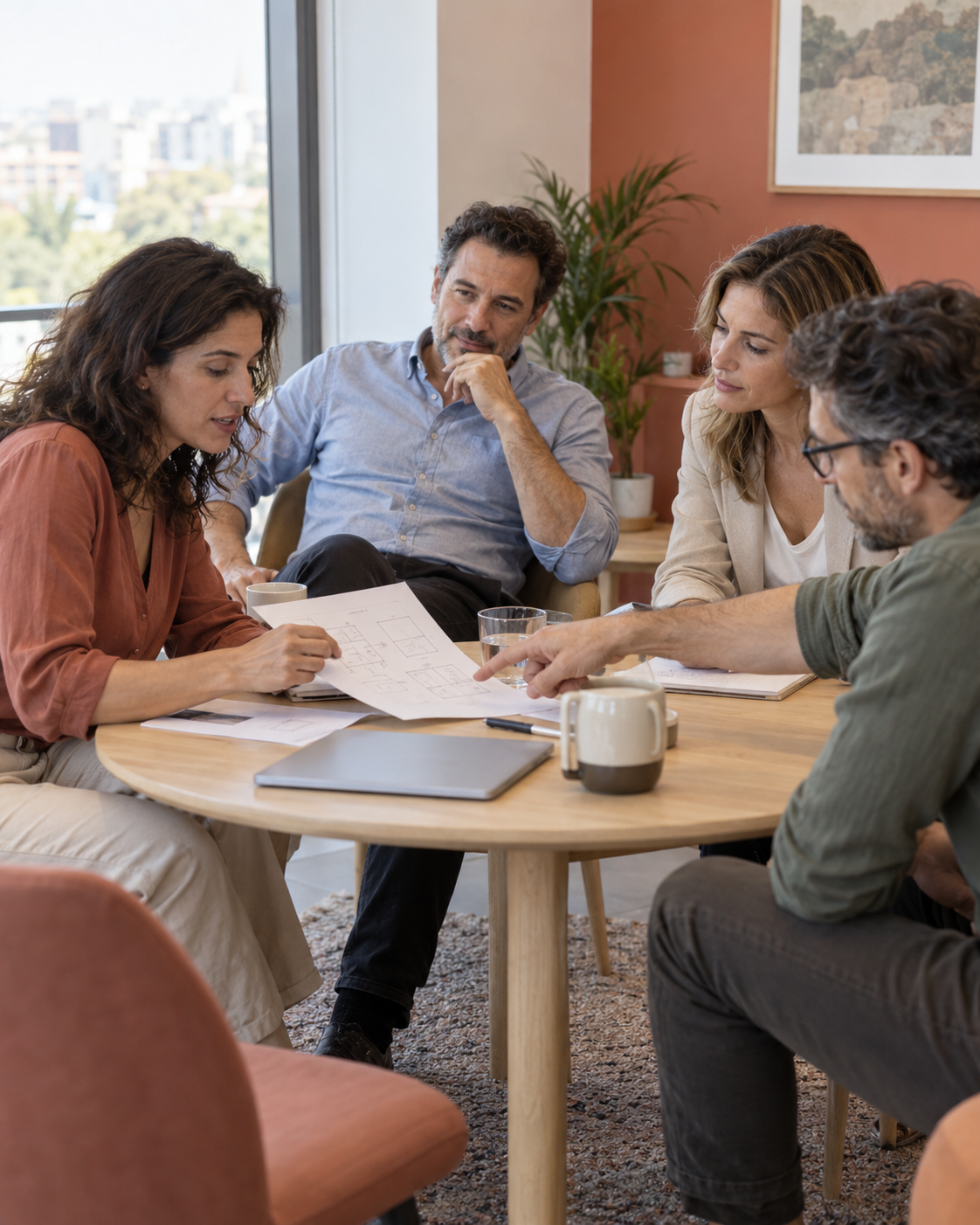 Equipo debate un esquema antes de tomar una decisión