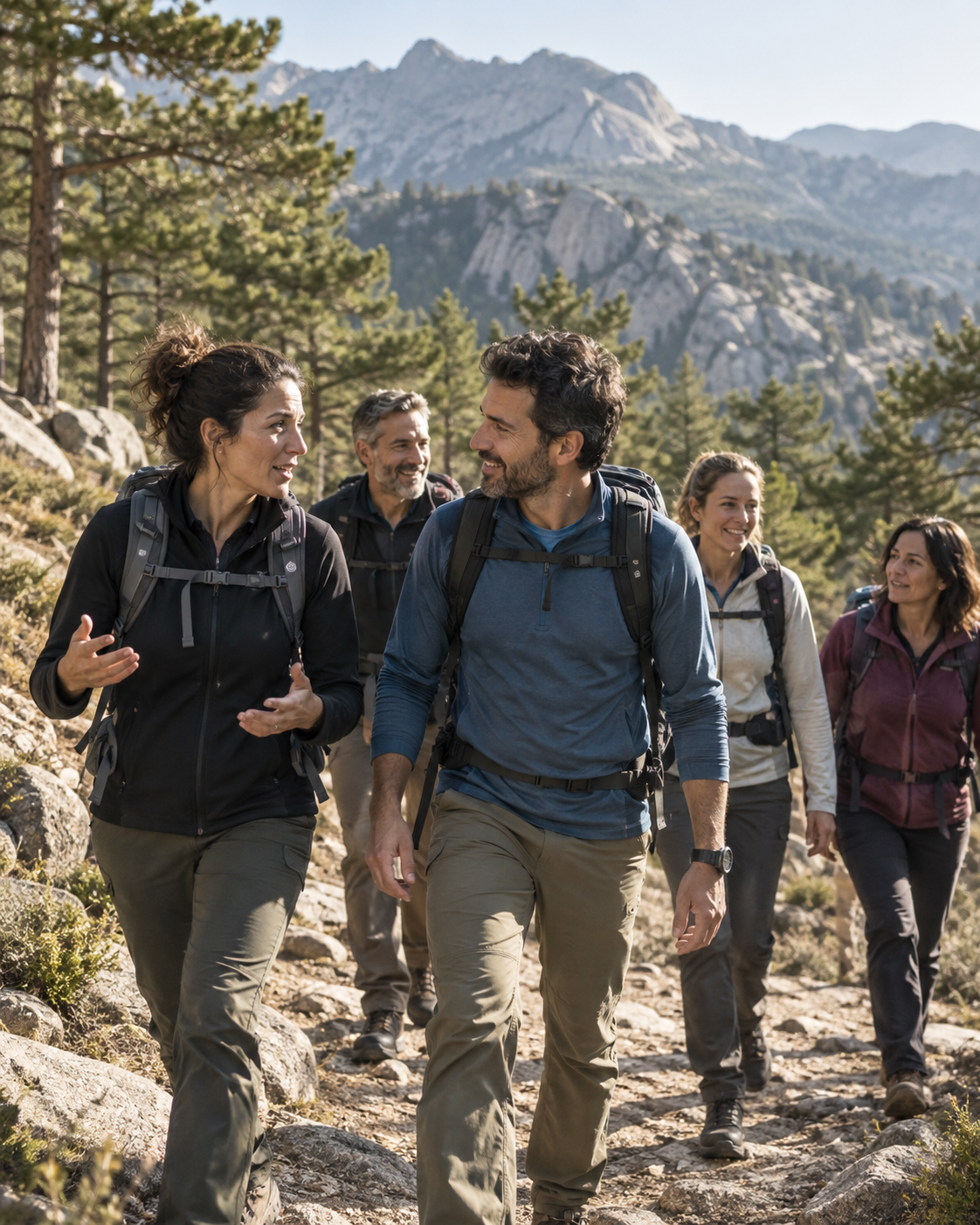 Grupo de profesionales conversa mientras camina por la montaña