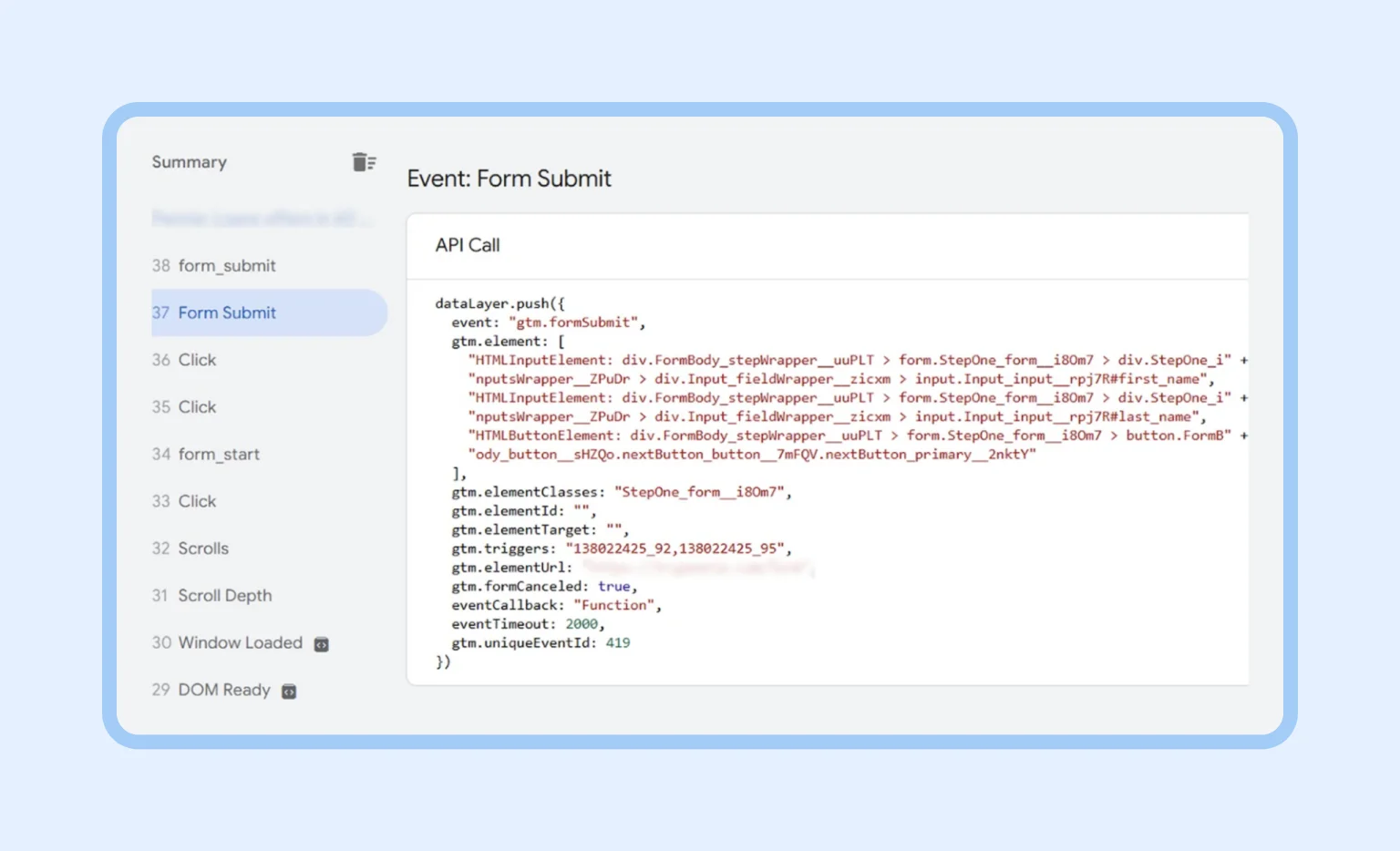 DebugView in GA4 showing the form submission event details