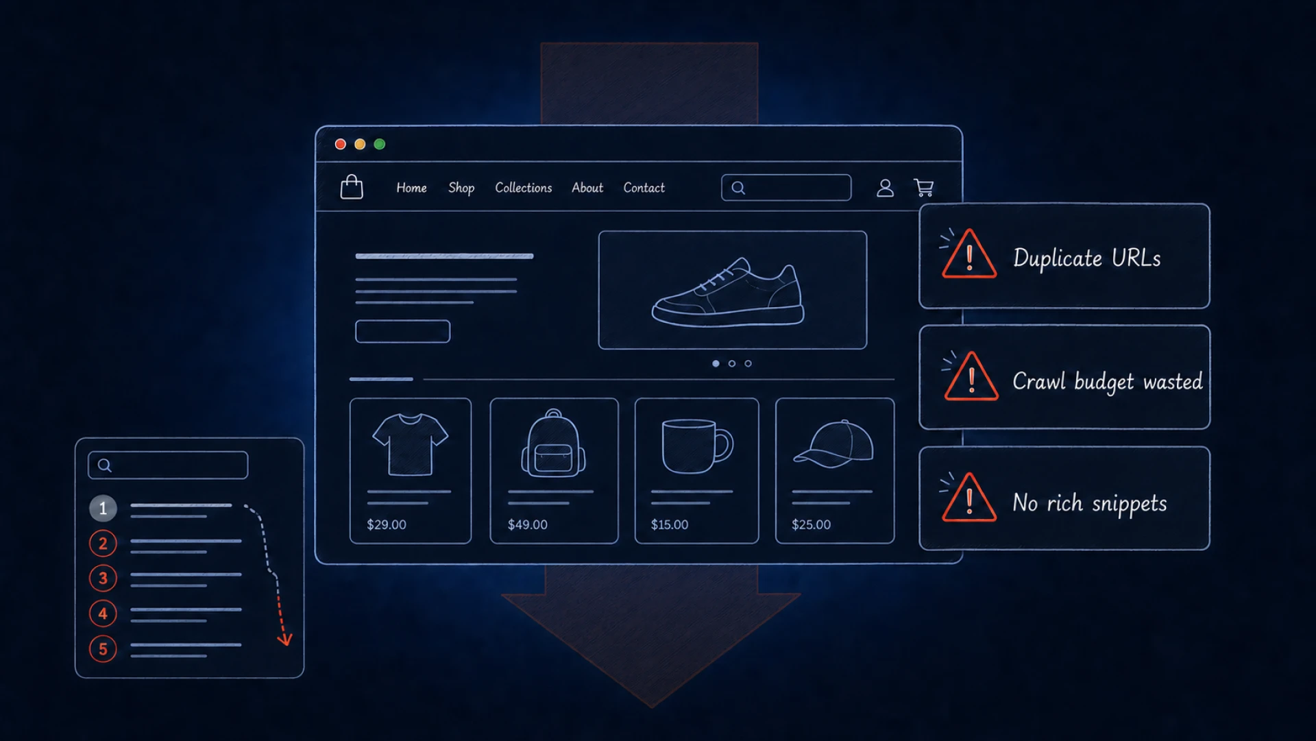 Shopify storefront dropping down the rankings, flagged with duplicate URLs, wasted crawl budget and no rich snippets