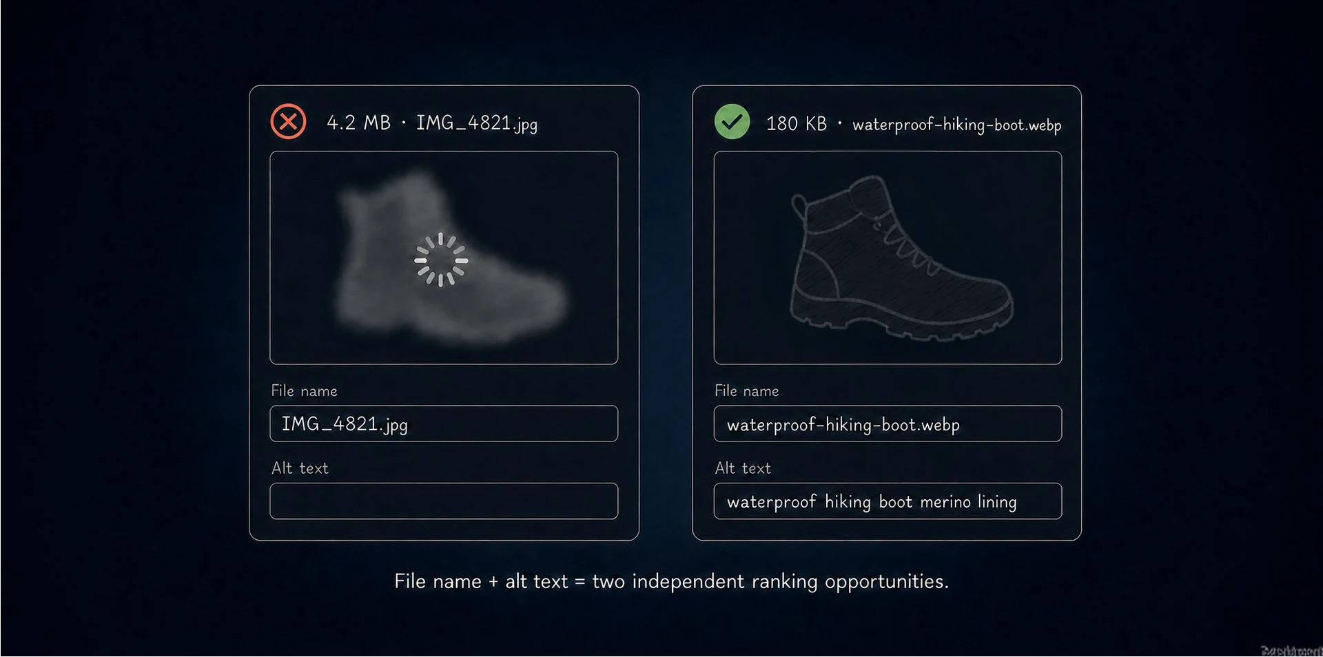 A 4.2 MB unnamed JPEG next to a 180 KB WebP with a descriptive file name and alt text