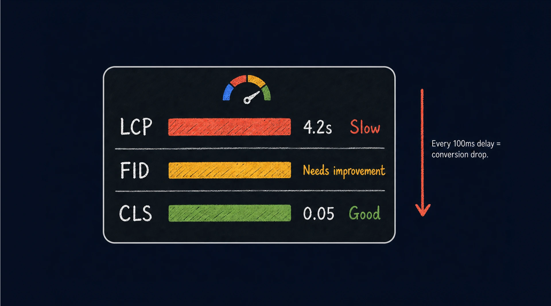 Core Web Vitals panel with a slow 4.2 second LCP, a FID needing improvement and a good CLS score