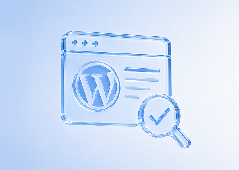 Glass browser window with the WordPress logo and a magnifier showing a checkmark
