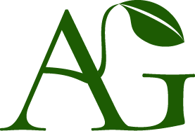 Lettres stylisées « AG » en vert, avec une feuille poussant au sommet de la lettre G.