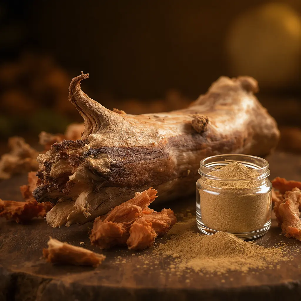 Racine d'aswagandha et petit pot qui contient poudre d'ashawagandha