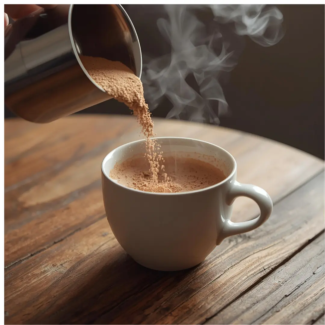 Poudre de rhodiola rosea est versée d'un récipient métallique dans une tasse blanche fumante posée sur une table en bois.