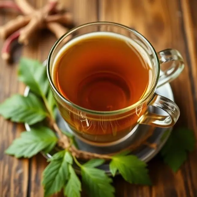 Tasse en verre transparent remplie d'une tisane foncée posée sur une table en bois avec des feuilles vertes et des racines de ginseng en arrière-plan.