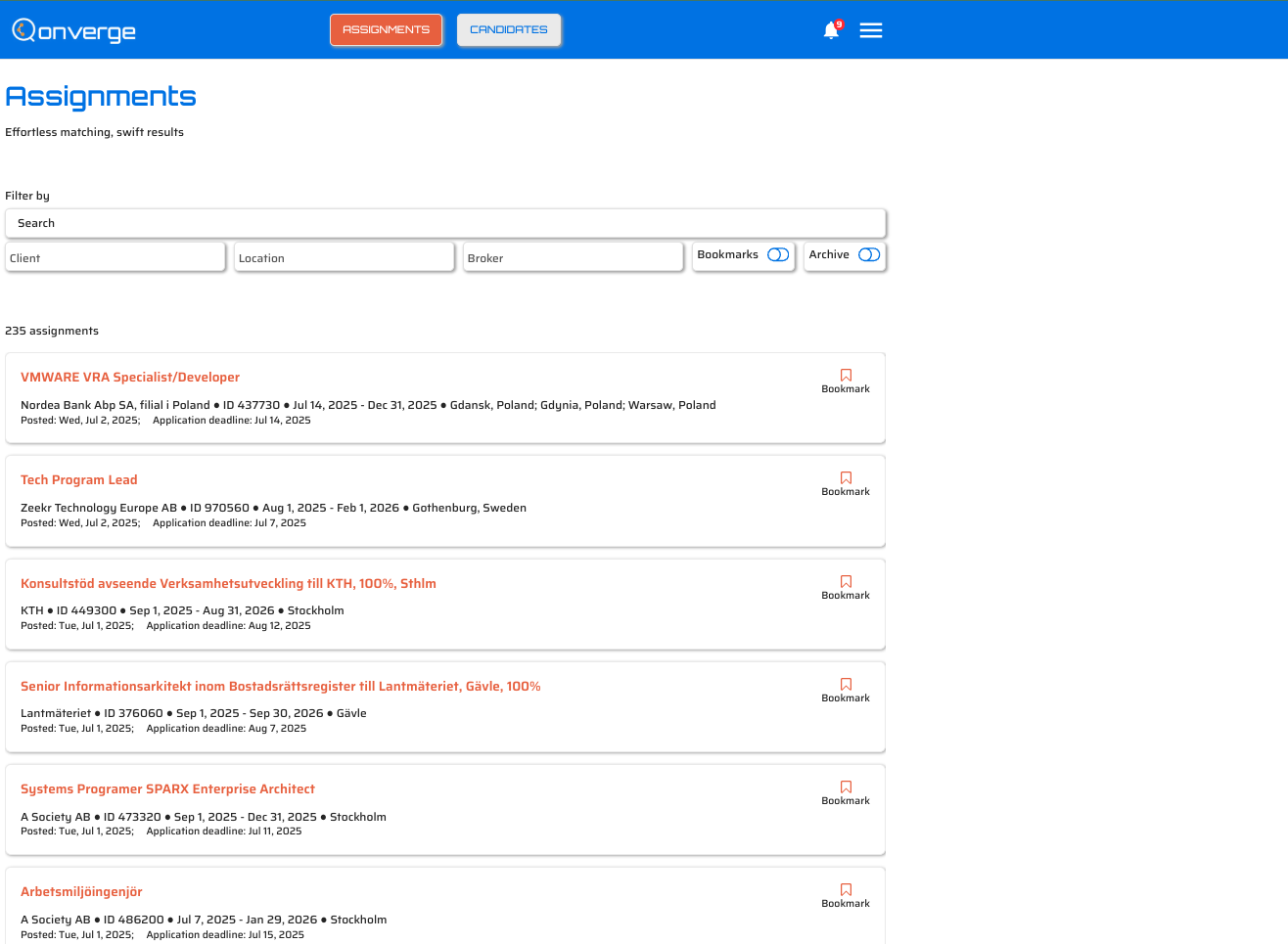 List of available assignments on Qonverge