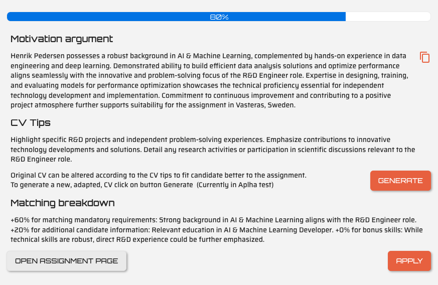 Match of a consultant and details for an application