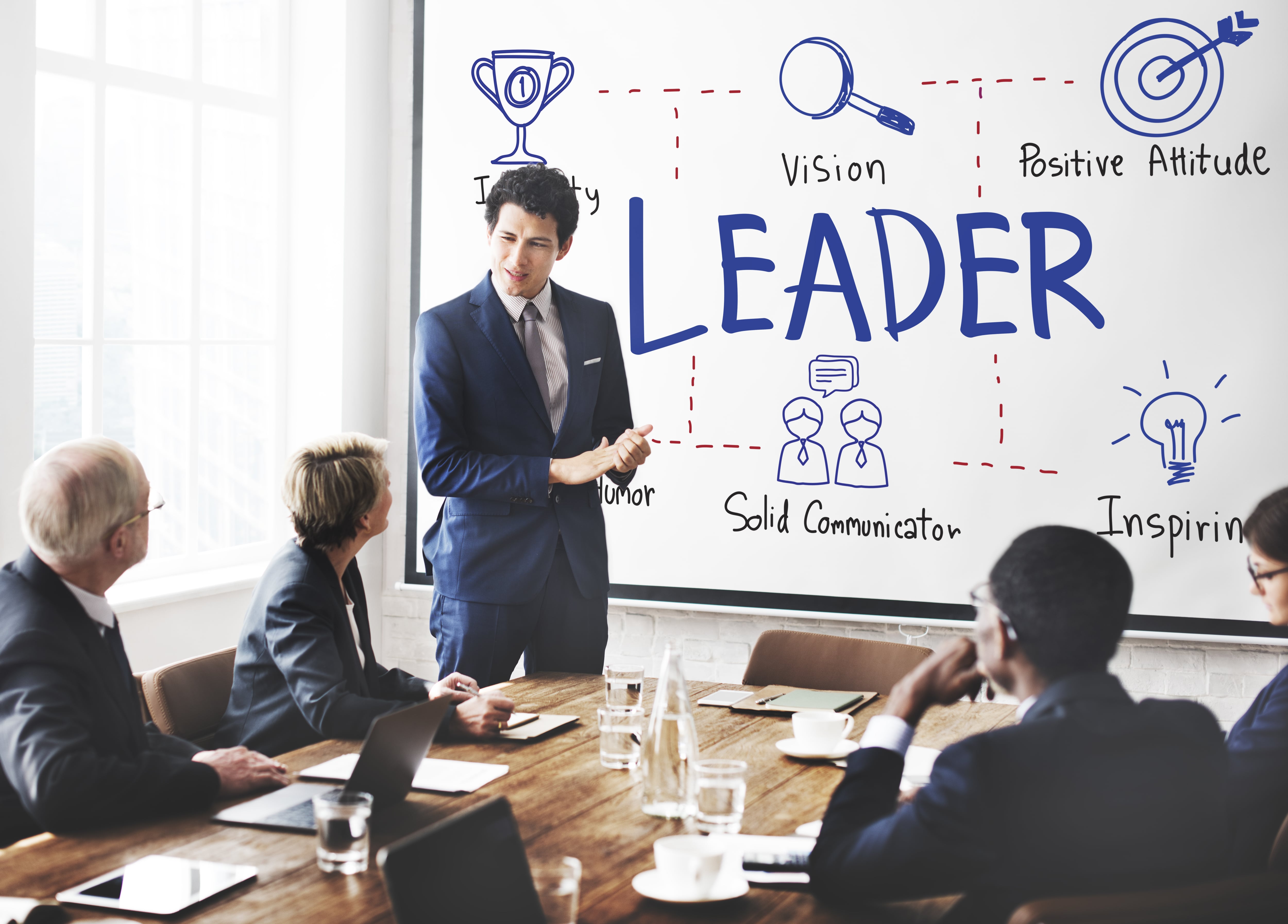 Man in a suit giving a presentation on leadership qualities to four colleagues around a conference table.
