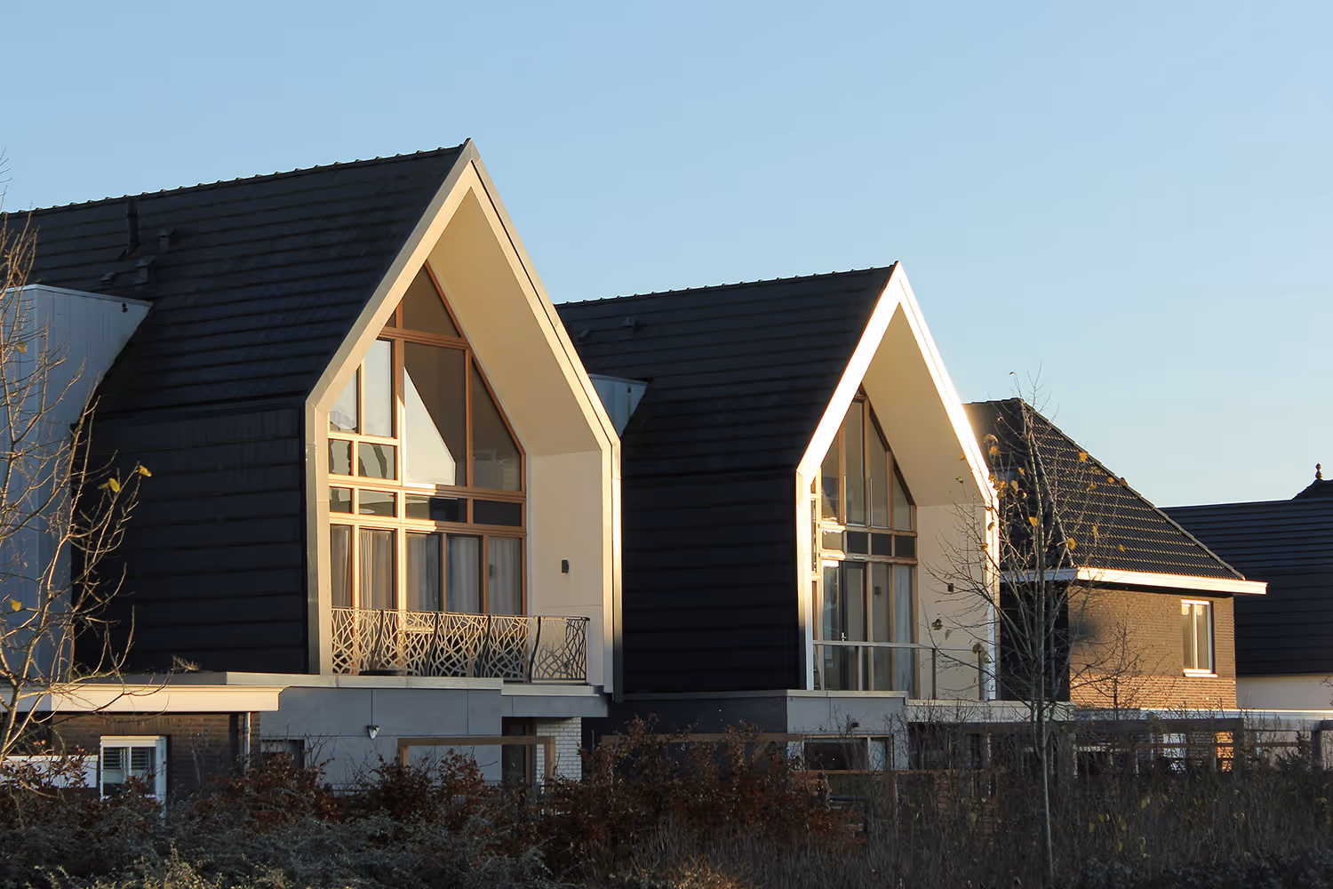 Modern semi-detached houses with large A-frame roofs and expansive glass windows, featuring metal balconies and dark tiled roofing, illuminated by warm evening sunlight.