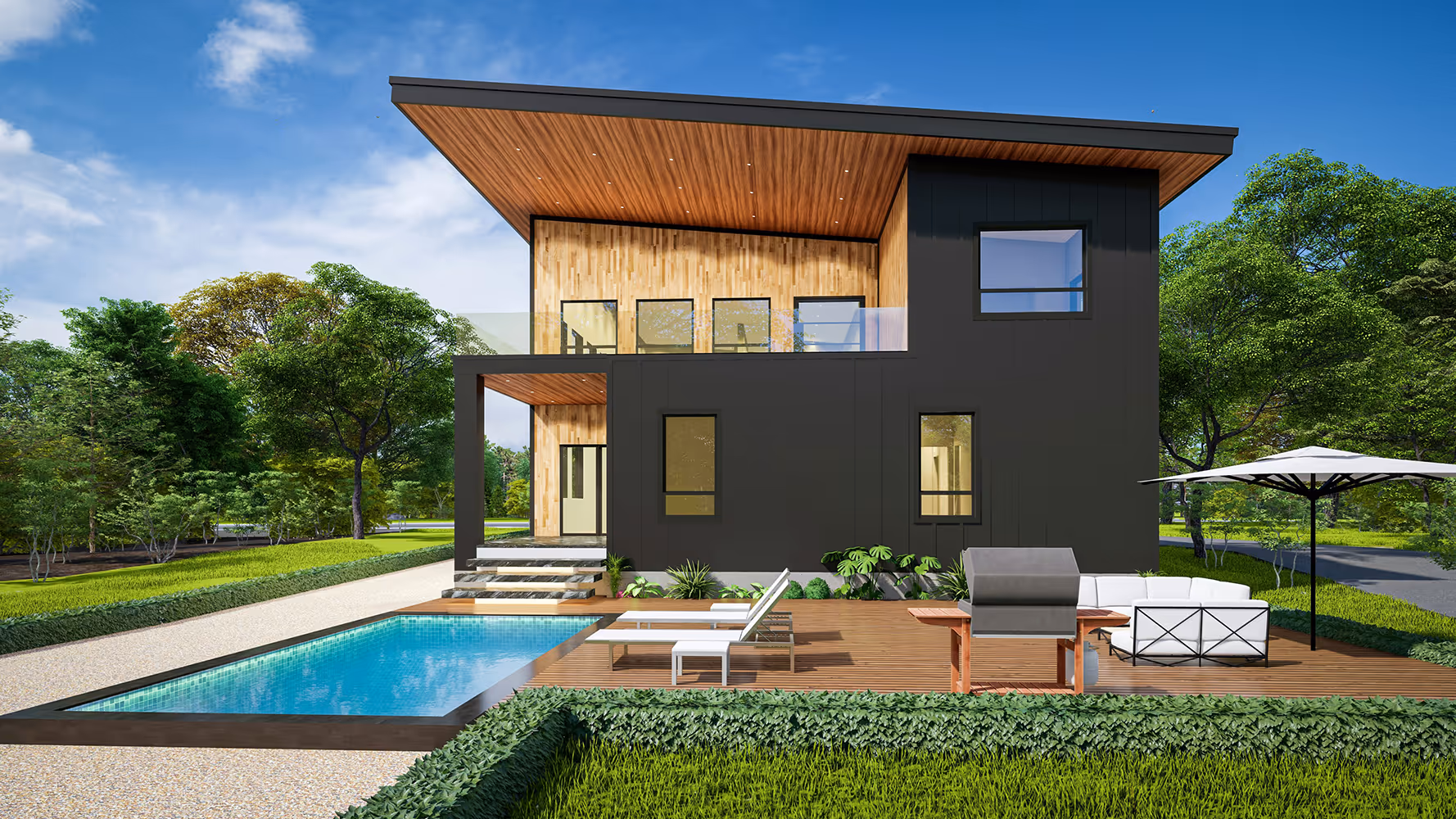 Contemporary two-story house with dark exterior panels and wooden accents, featuring a sloped roof, private pool, sun loungers, and outdoor seating area with barbecue in lush green surroundings.