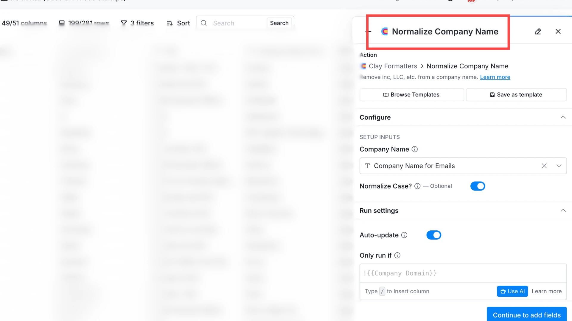 "Normalize Company Name" filter in Clay