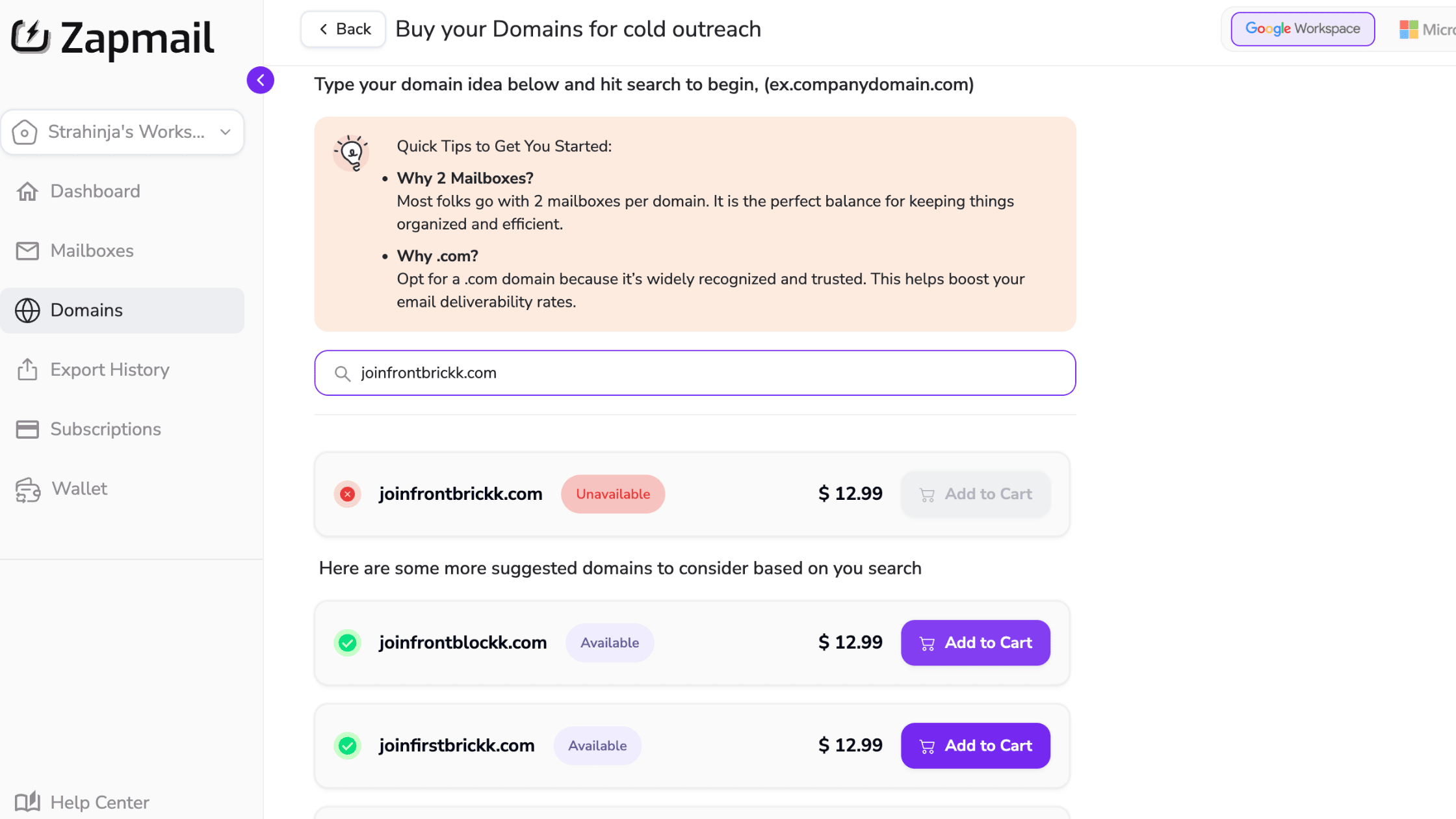 Buying cold email domain variations in Zapmail
