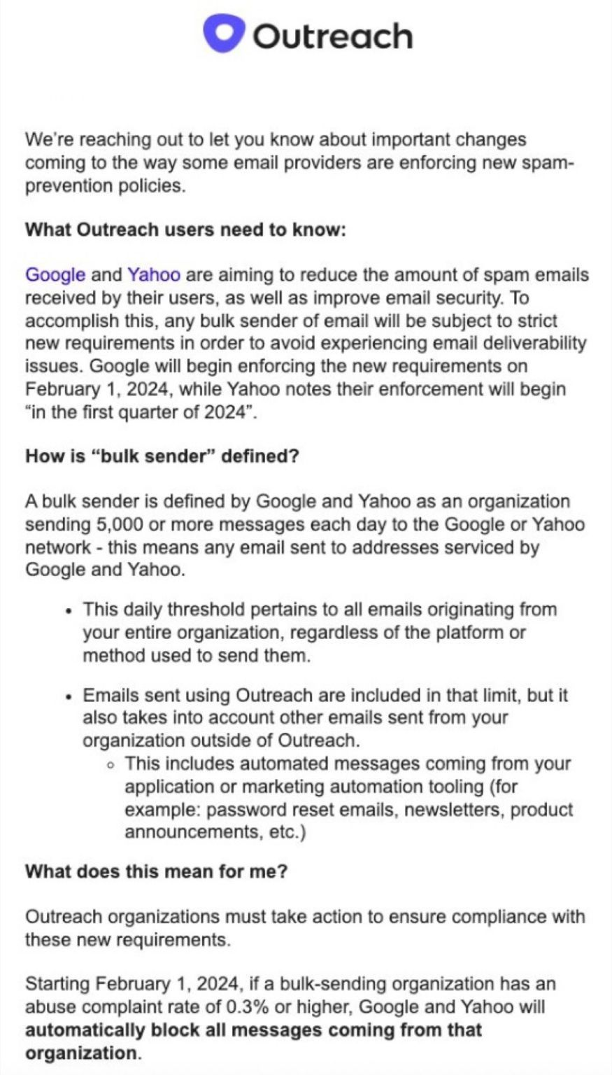 outreach.io warns customers of Google’s and Yahoo’s new bulk-sending email policy