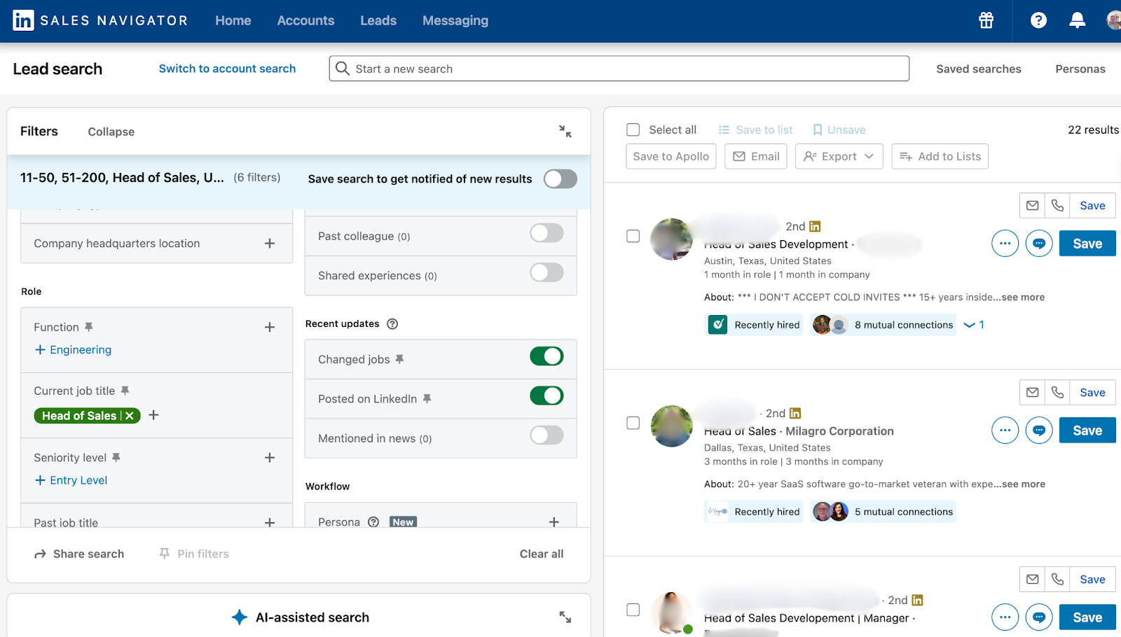 LinkedIn Sales Navigator search filter example