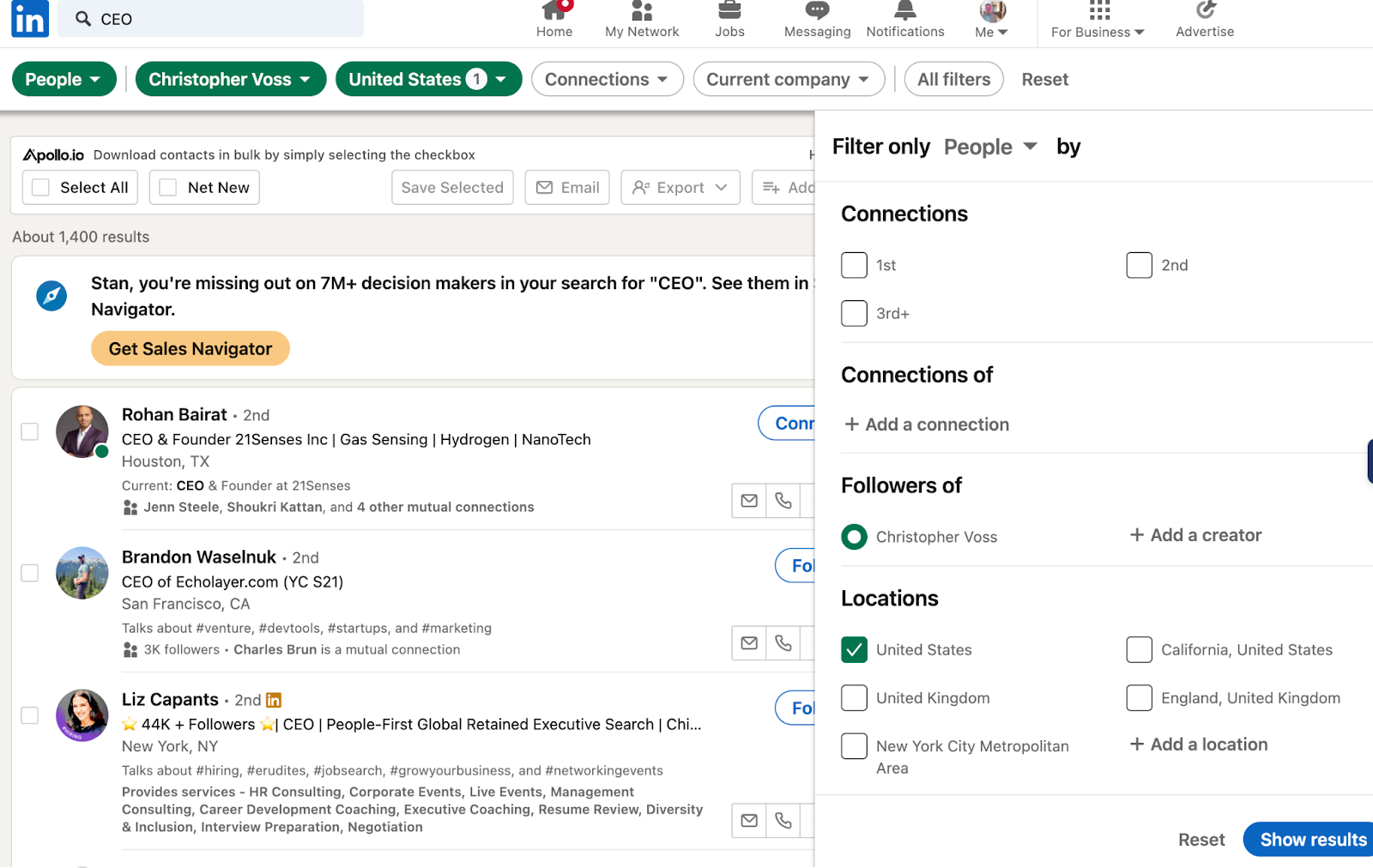 LinkedIn’s advanced filters for prospectin
