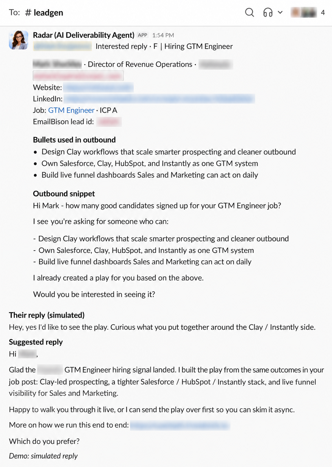 Demo Slack notification with an interested reply and a suggested response