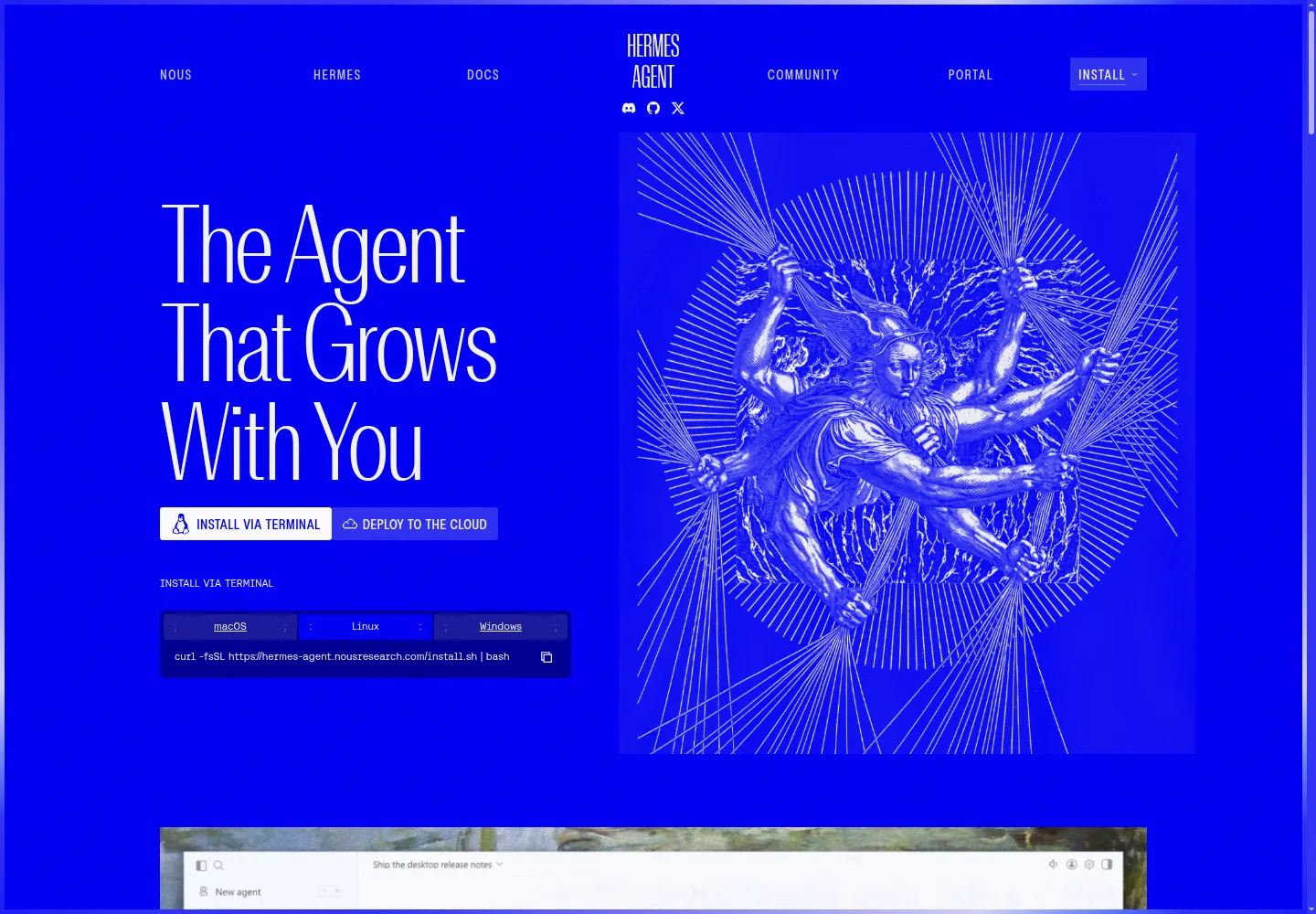 Hermes Agent official website, October 2026