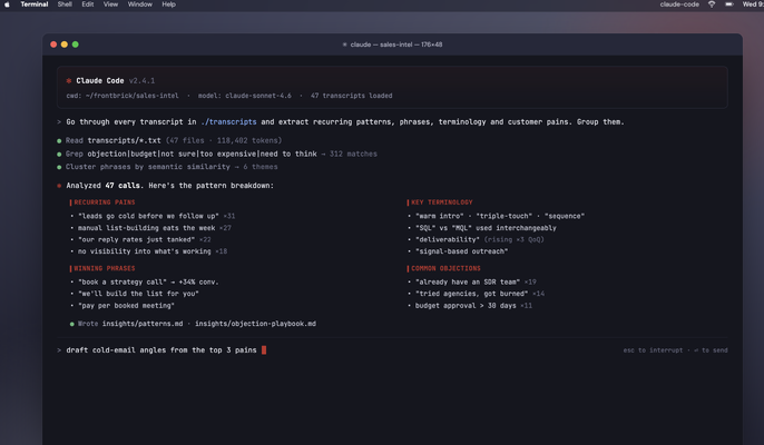 Claude Code output after analyzing sales calls
