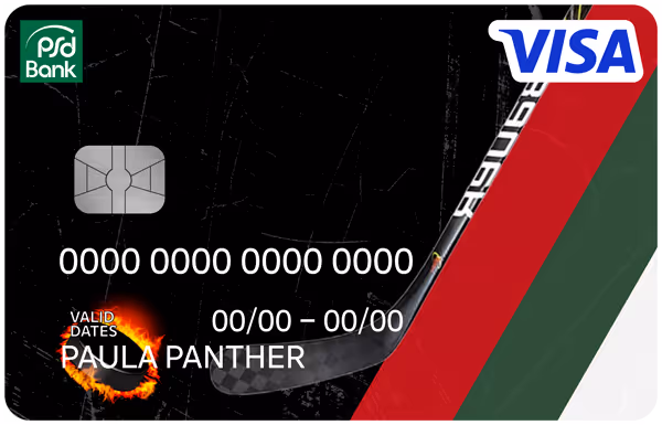 Ein Beispiel Kartendesign mit den Panther Farben, einen Eishockey-Schläger und einen brennenden Puck