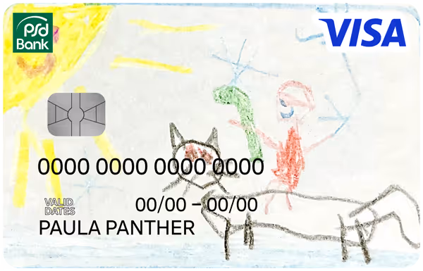 Ein Beispiel Kartendesign mit einer Kindesskizze eines Panthers, auf dem ein Eishockey Spieler sitzt mit Sonne in der linken oberen Ecke