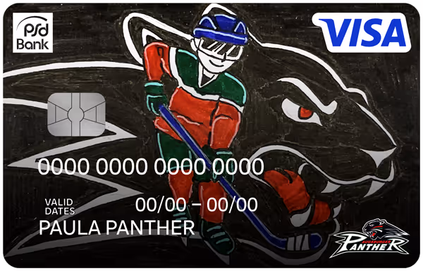 Ein Beispiel Kartendesign mit gezeichnetem Eishockeyspieler und einem Panther im Hintergrund