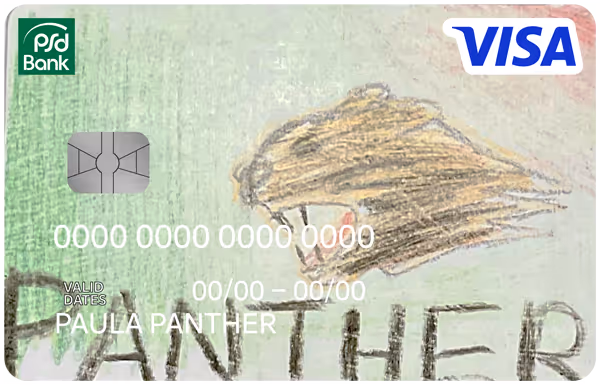 Ein Beispiel Kartendesign mit Pantherkopf und Schriftzug "Panther", sowie gezeichneten Verlauf von grün zu rot im Hintergrund