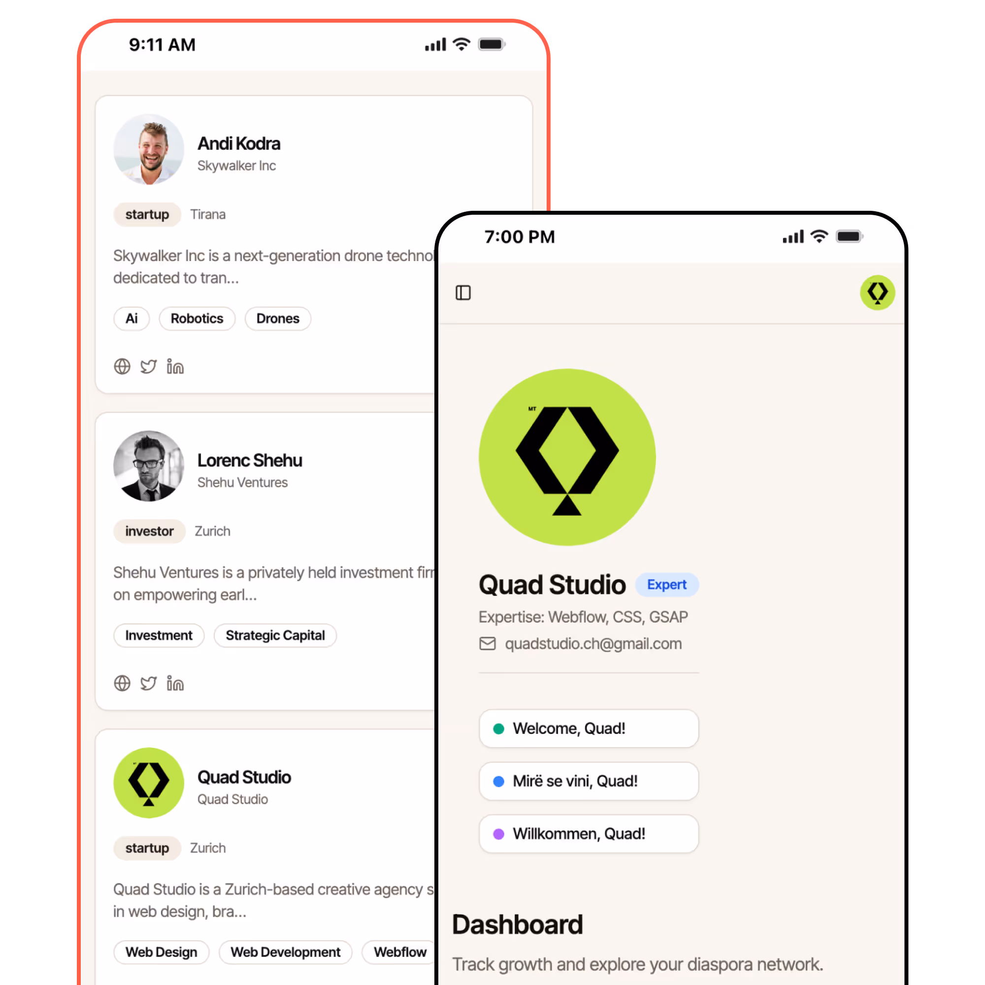Mobile interface showing user profiles for Anakin Skywalker and Quad Studio with expertise tags and a welcome dashboard in multiple languages.