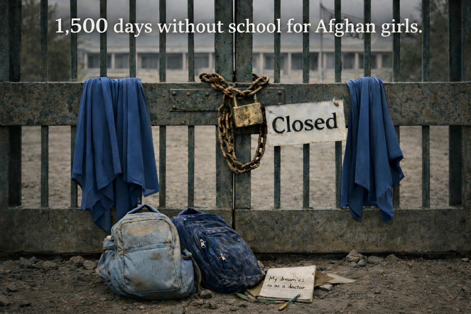 Locked school gates representing Afghan girls denied secondary and higher education