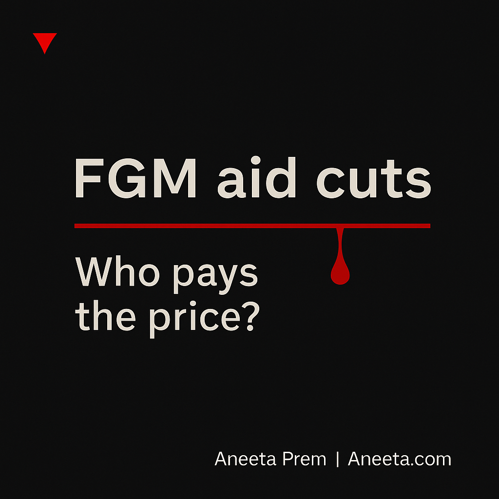 Red triangle safeguarding graphic accompanying analysis of UK funding for FGM prevention