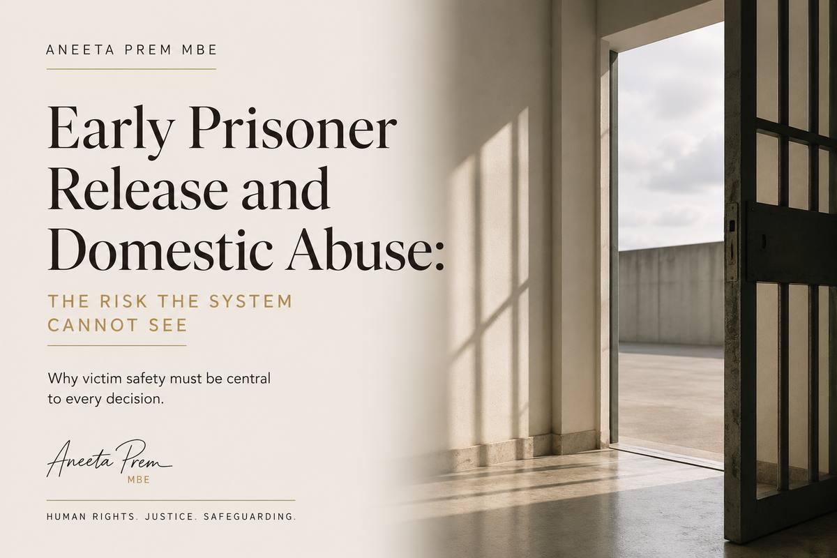 Editorial graphic showing an open prison doorway for Aneeta Prem MBE’s analysis on early prisoner release, domestic abuse and victim safety.