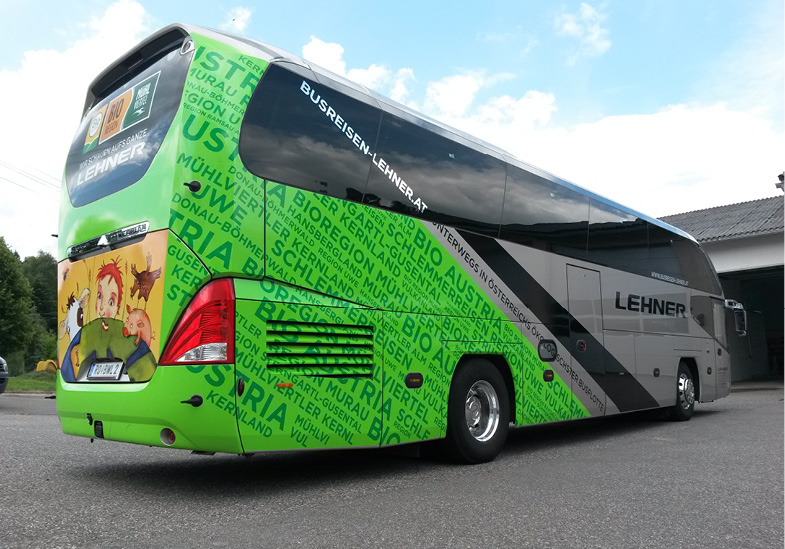 Ein grün, schwarz, grauer Bus von Lehner