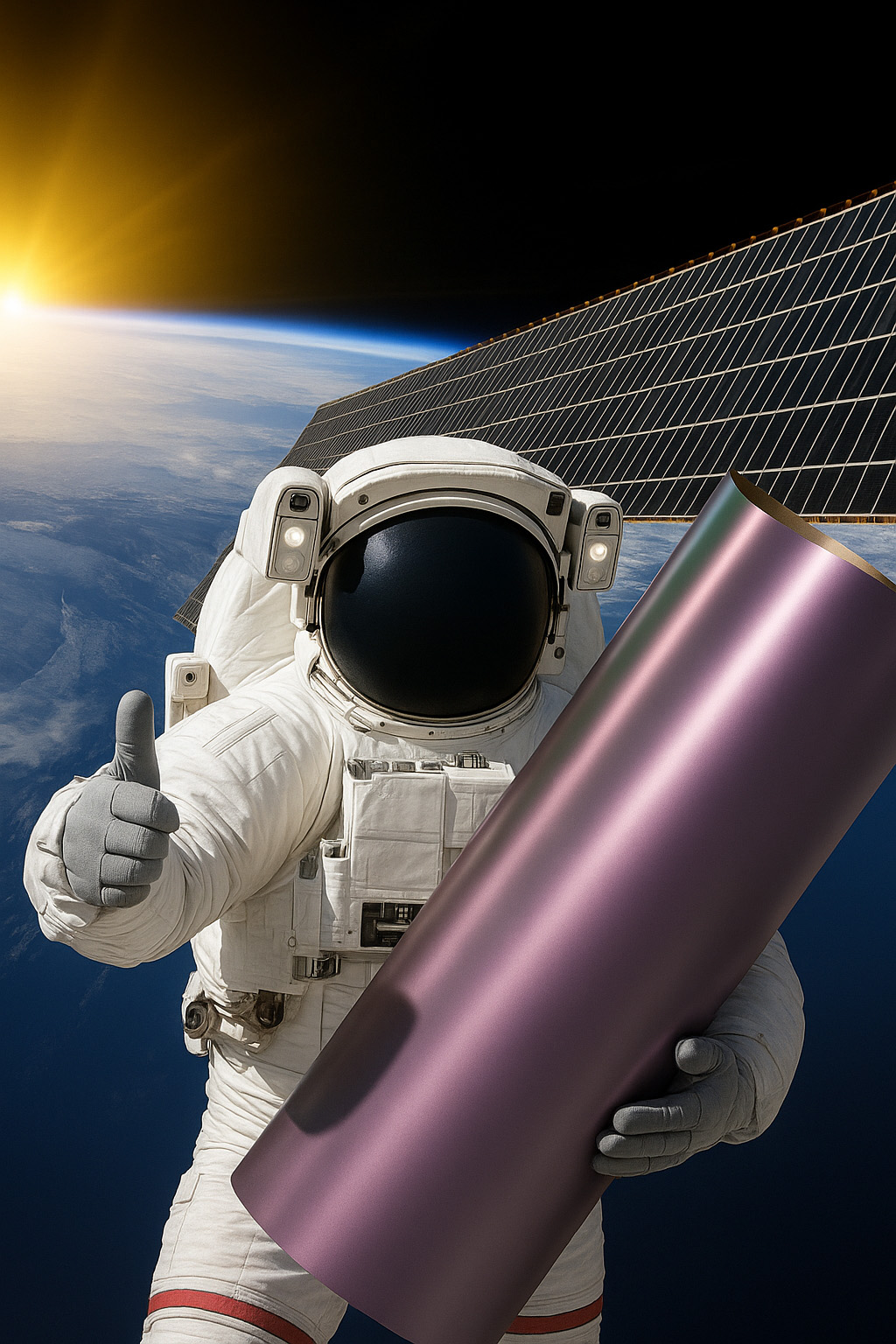 Astronaut im All mit Folie in der Hand