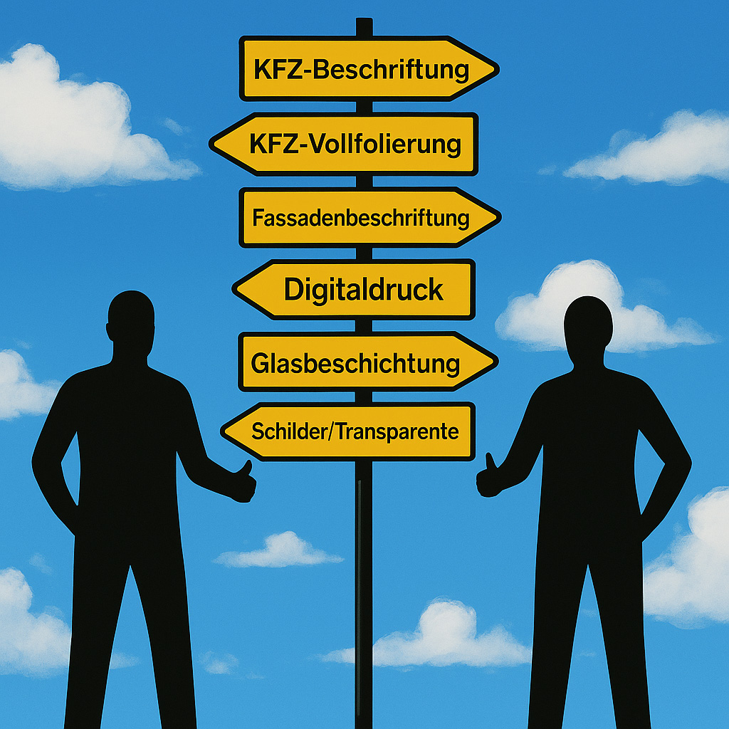 zwei Personen stehen neben einem Wegschild, dass die einzelnen Leistungen anzeigt