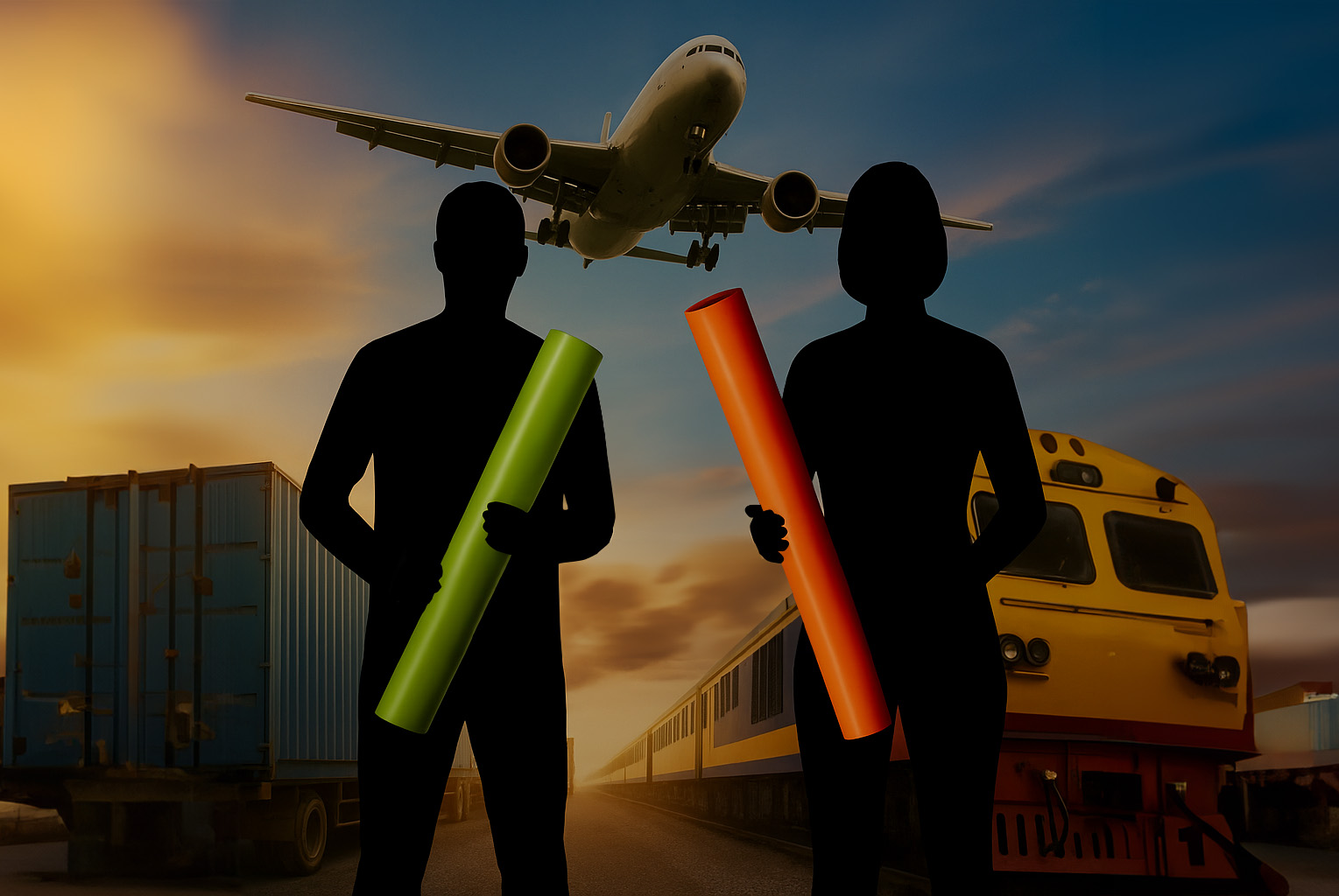 Zwei Silhouette stehen vor einem Container und einem Zug. Über ihnen fliegt ein Flugzeug