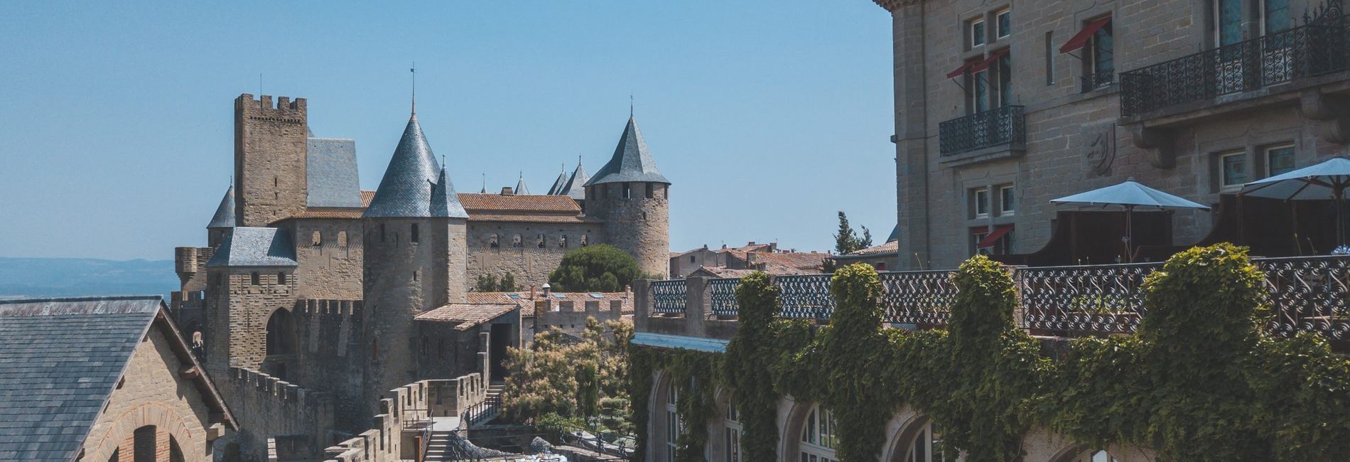 Hotel de la Cite terrace with the Cite de Carcassonne in the background