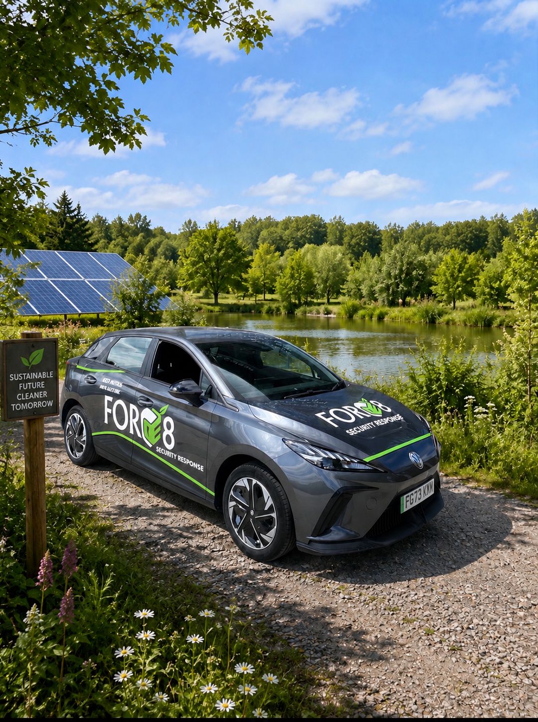 Force8 electric patrol car beside a lake with solar panels, sustainable future cleaner tomorrow