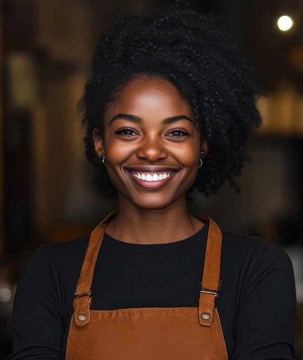 A woman smiling with an apron on 