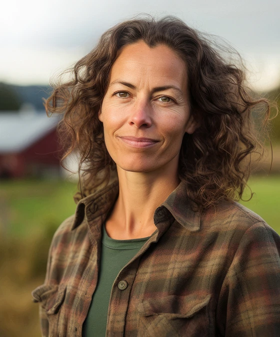 A woman smiling with a farm in the background