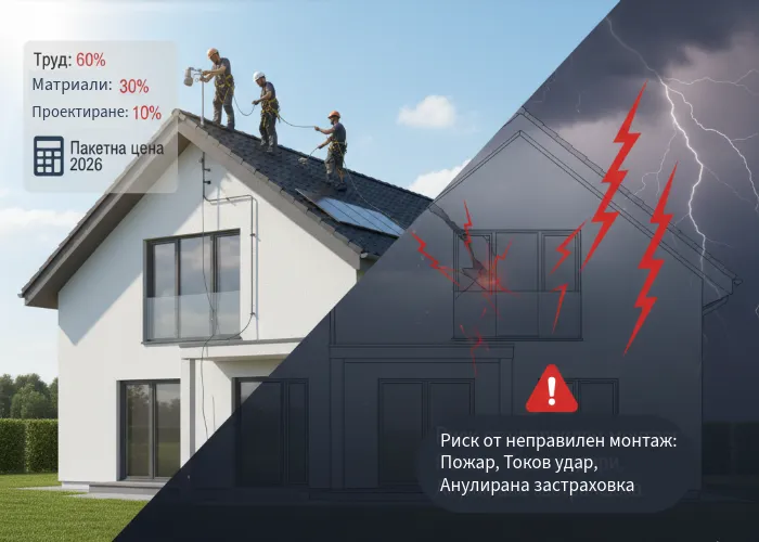 Екип от специалисти извършва монтаж на мълниезащита върху покрив на сграда – цени за труд 2026