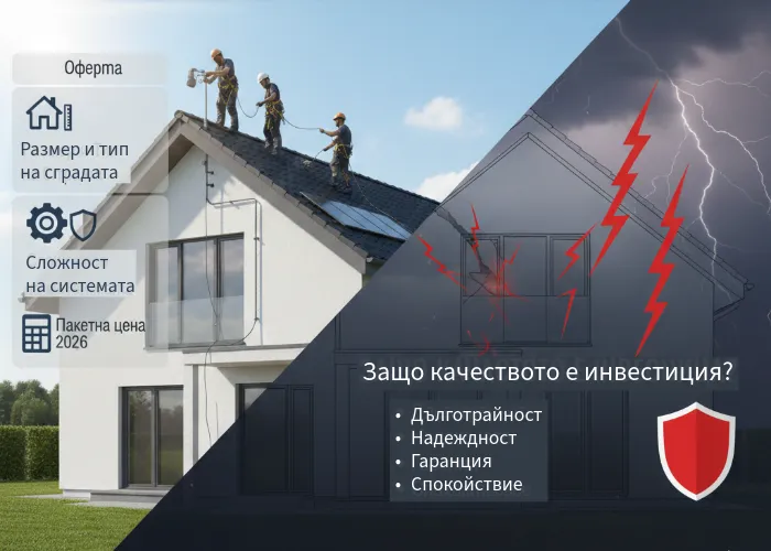 Съдържание на готов комплект за мълниезащита – мълниеприемник, проводници и заземителни колове.