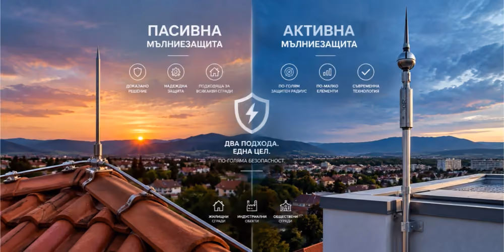 Видове мълниезащита – активна и пасивна система върху покрив на сграда