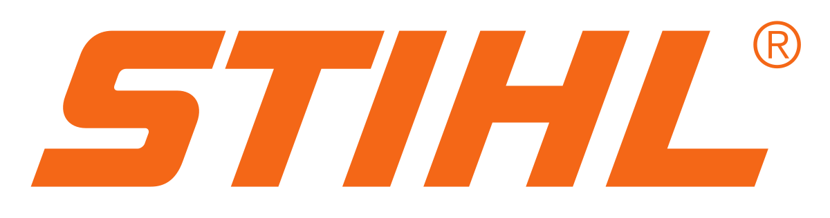 Das orangefarbene STIHL Logo mit dem stilisierten Schriftzug auf schwarzem Hintergrund, inklusive Registrierzeichen.